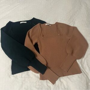OAK + FORT Women's Dark Green and Tan Squareneck Balloon Sleeve Sweater x2